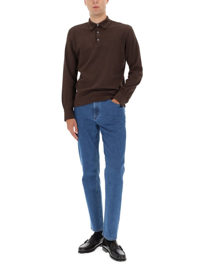 Zegna Long-Sleeve Brown Polo Shirt With Classic Collar And Minimalist Design