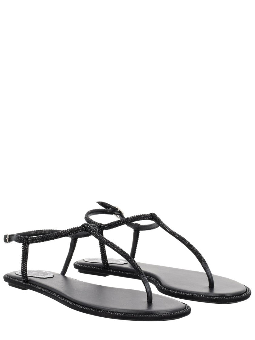 René Caovilla Minimalist T-Strap Embellished Sandals