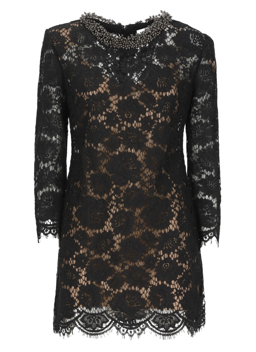 Self-Portrait Black Lace Midi Dress With Nude Slip And Silver-Embellished Collar