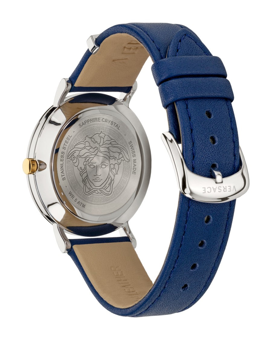 Versace Versace V-Essential Quartz Watch With Blue Dial And Leather Strap