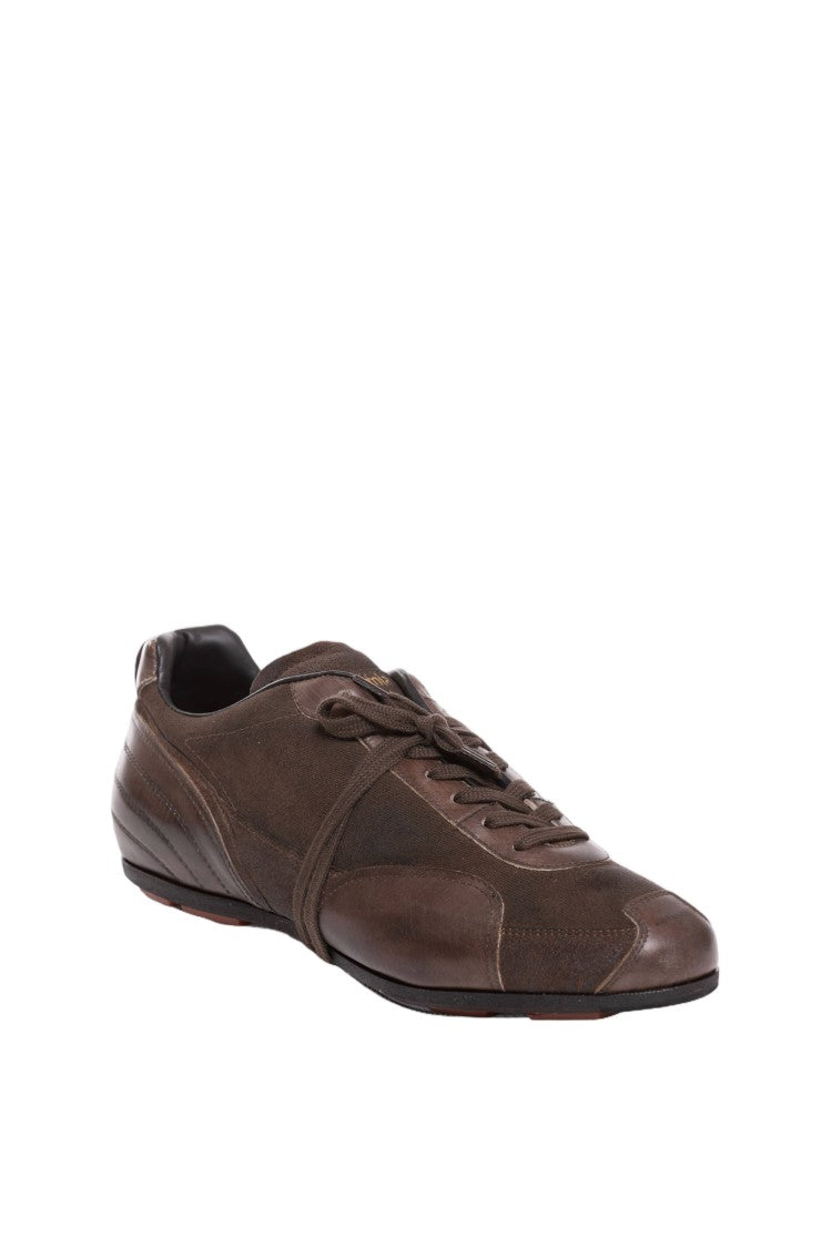 Pantofola D'oro Brown Canvas Greased Leather Hand-Stitched Sneakers