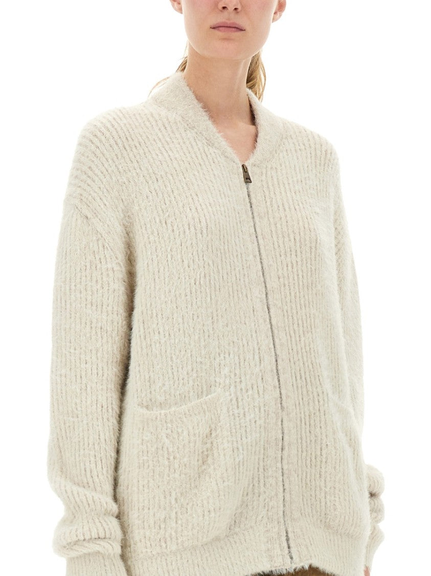 Uma Wang Ribbed Knit Cardigan With Plush Texture And Zipper Closure