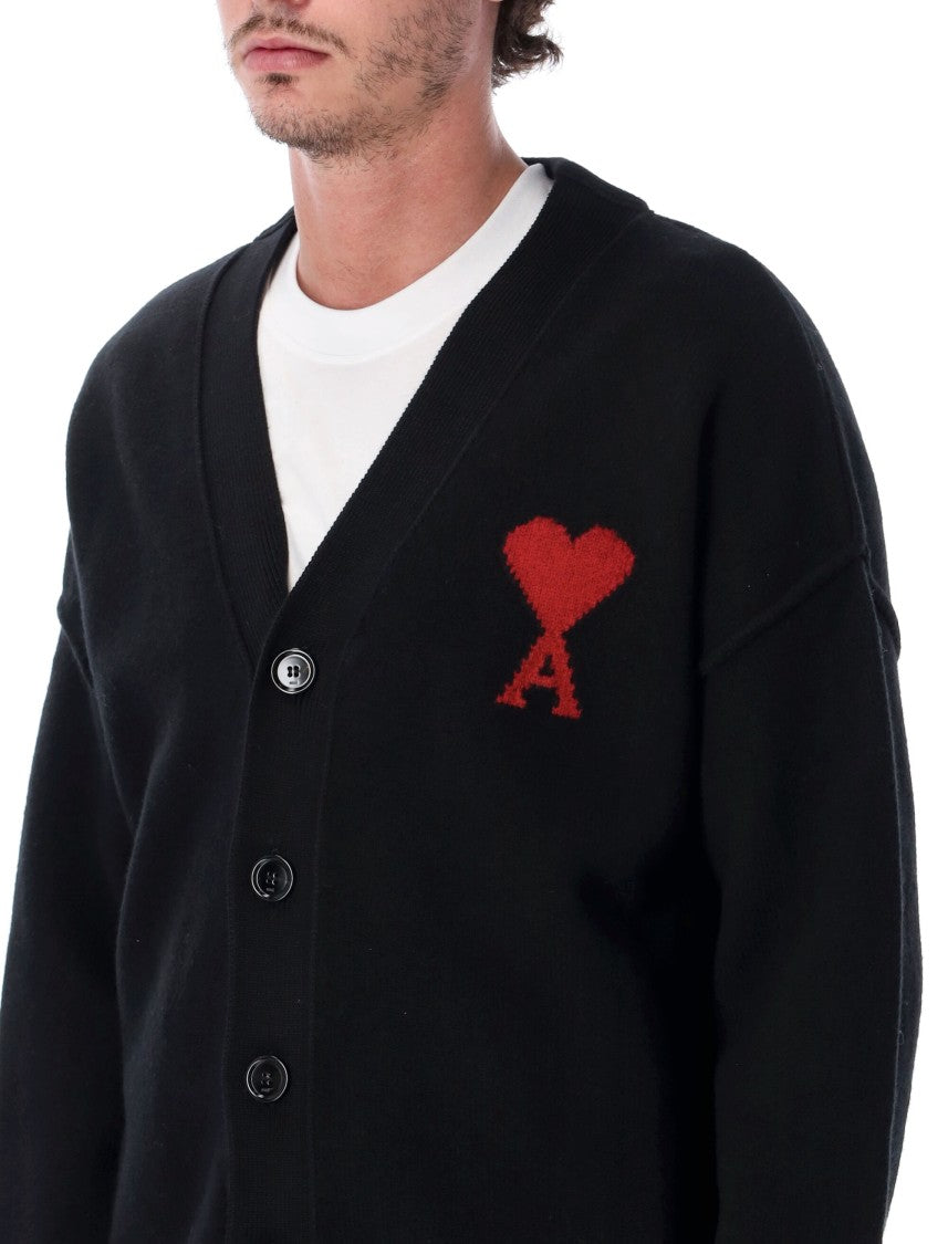 Ami Paris Adc Heart Intarsia V-Neck Wool Cardigan
