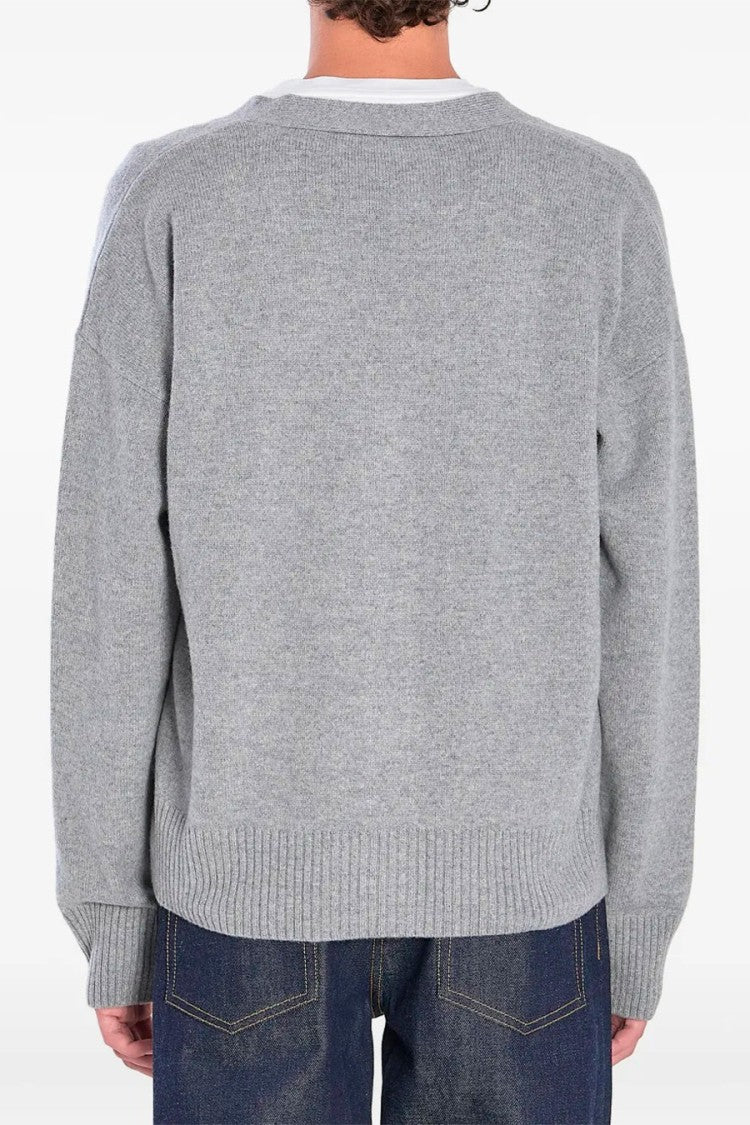 Ami Paris Grey V-Neck Button-Front Wool-Blend Cardigan