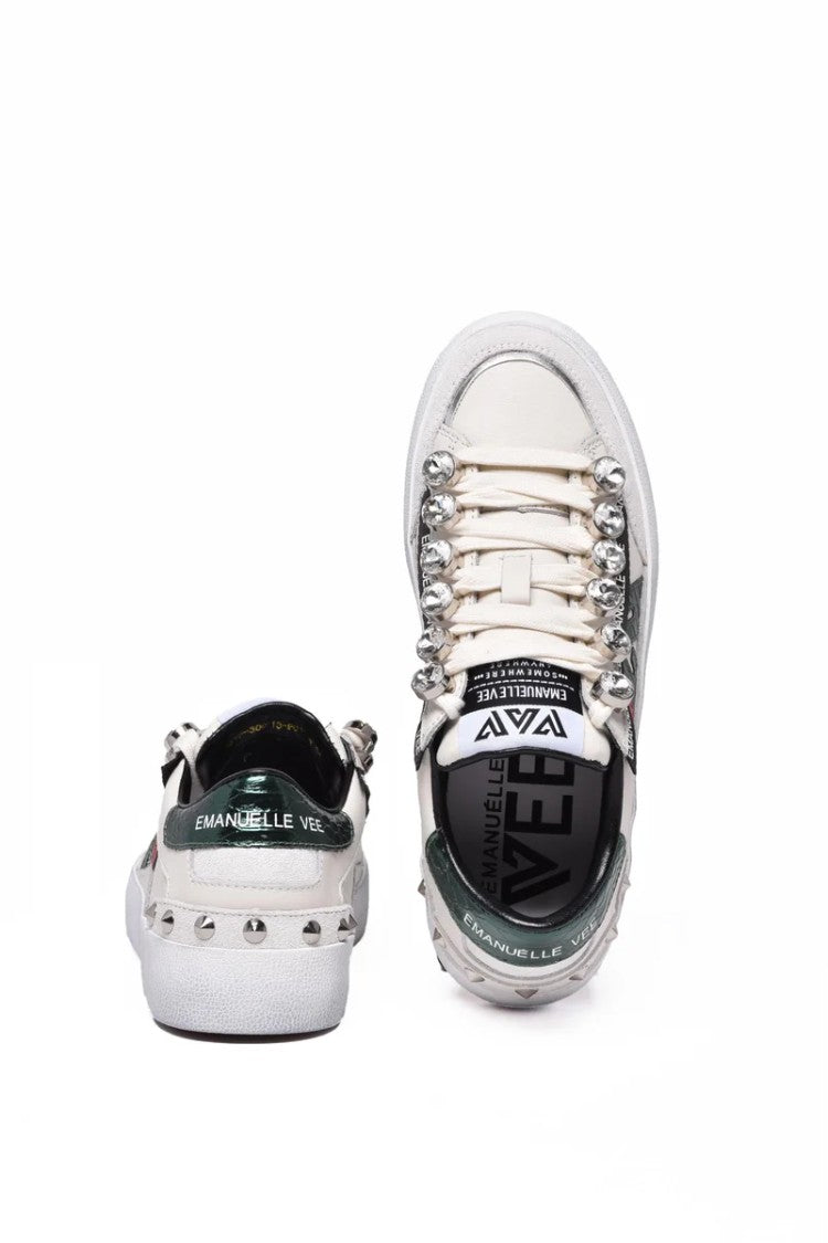 Emanuélle Vee White/Green Leather Rubber Sole Sneakers