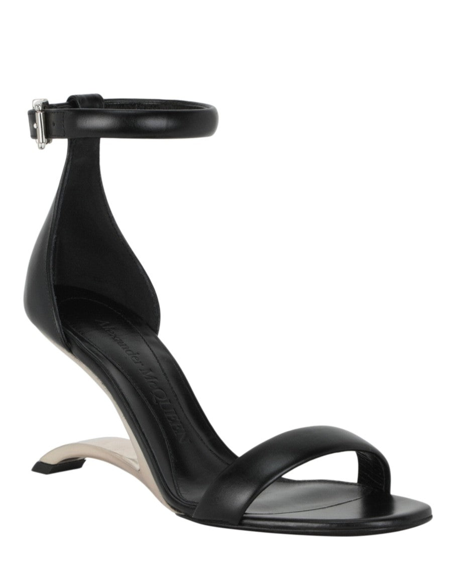 Alexander Mcqueen Curved Heel Black Calfskin Sandals With Ankle Strap