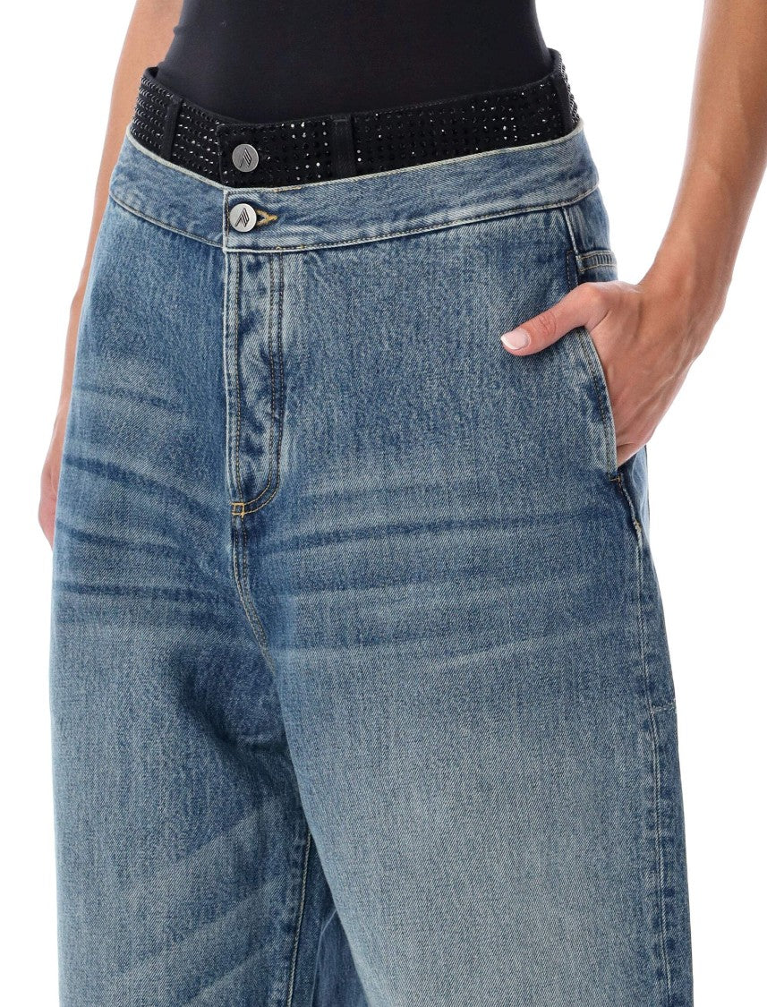 The Attico Strass Layered-Waist Wide-Leg Jeans
