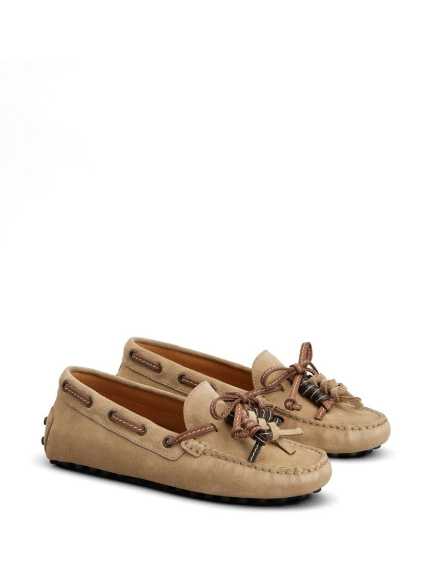 Tod's Beige Suede Flats With Front Tie And Contrast Stitching