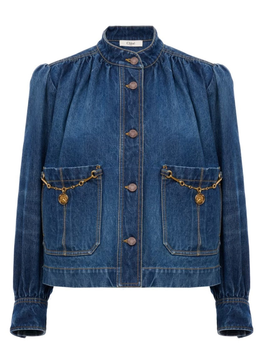 Chloé Denim High Neck Jacket With Gathered Detailing And Gold Accents
