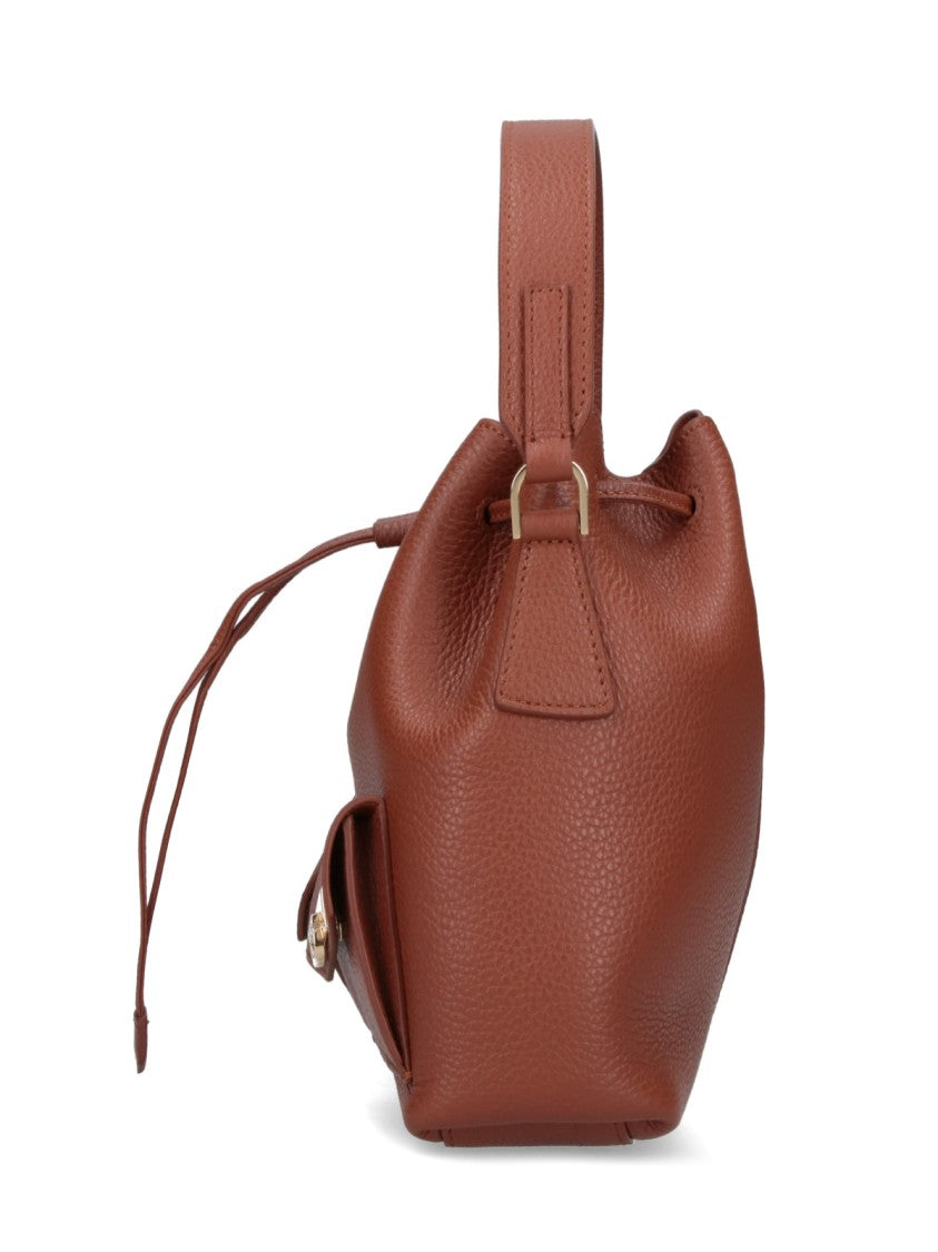 Ferragamo Textured Brown Calfskin Bucket Bag With Adjustable Strap