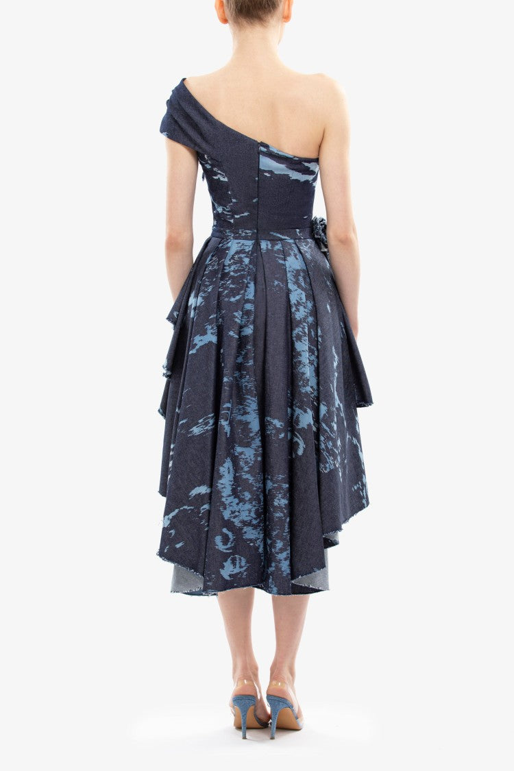 Saiid Kobeisy One-Shoulder Printed Denim Short Dress