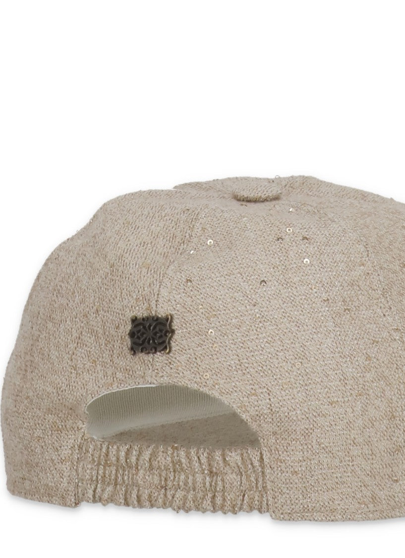 Panicale Beige Sequined Baseball Cap With Metal Logo Detail