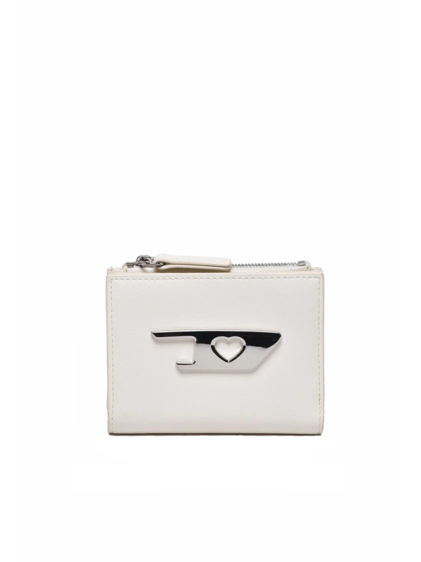 Diesel Compact White Leather Wallet With Zippered Compartment And Metallic Emblem