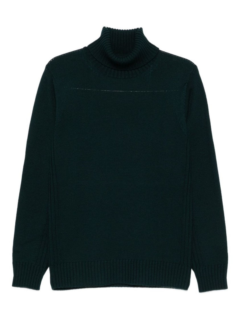 Kangra Deep Green Turtleneck Sweater With Ribbed Textures