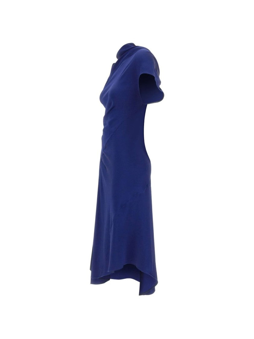 Victoria Beckham Blue Asymmetric Hem Midi Dress With Short Sleeves And Draped Details