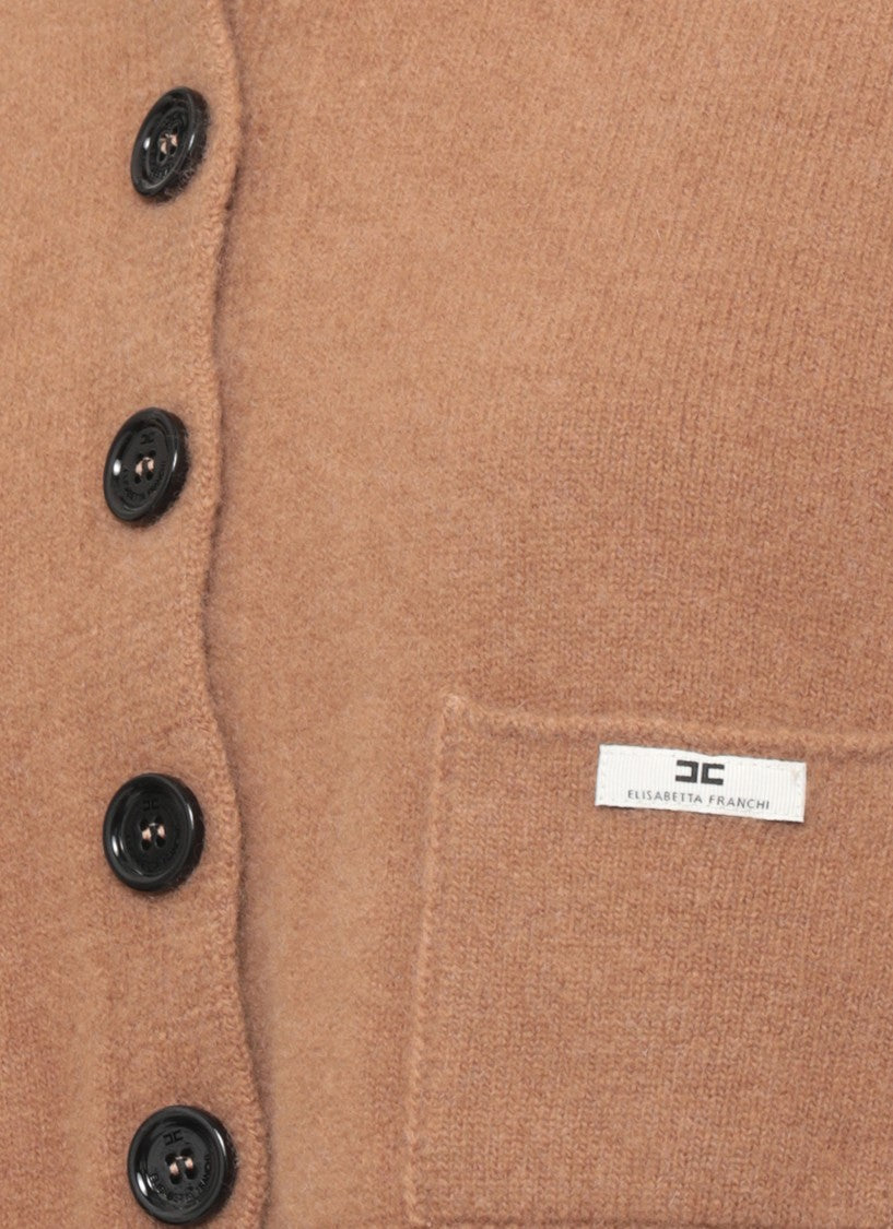 Elisabetta Franchi Brown Cropped Lacquered Buttons Wool Cardigan