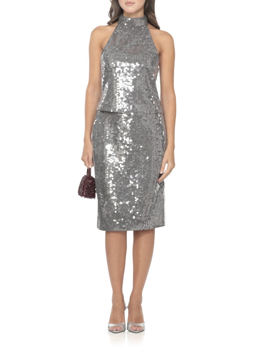 Rotate Sleeveless Silver Top With All-Over Paillettes
