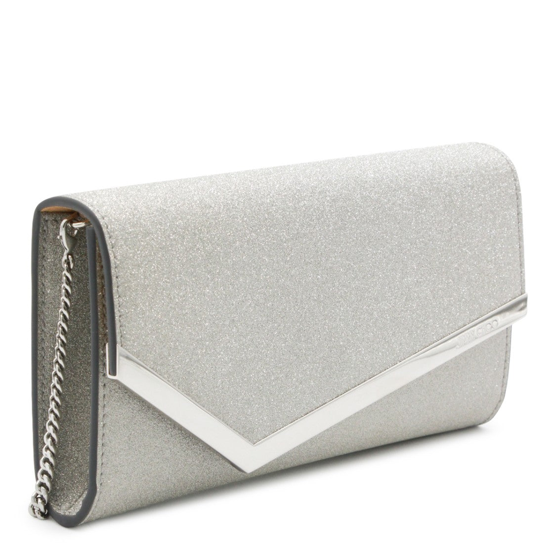 Jimmy Choo Rectangular Silver Clutch With Chain Strap And Angular Accent