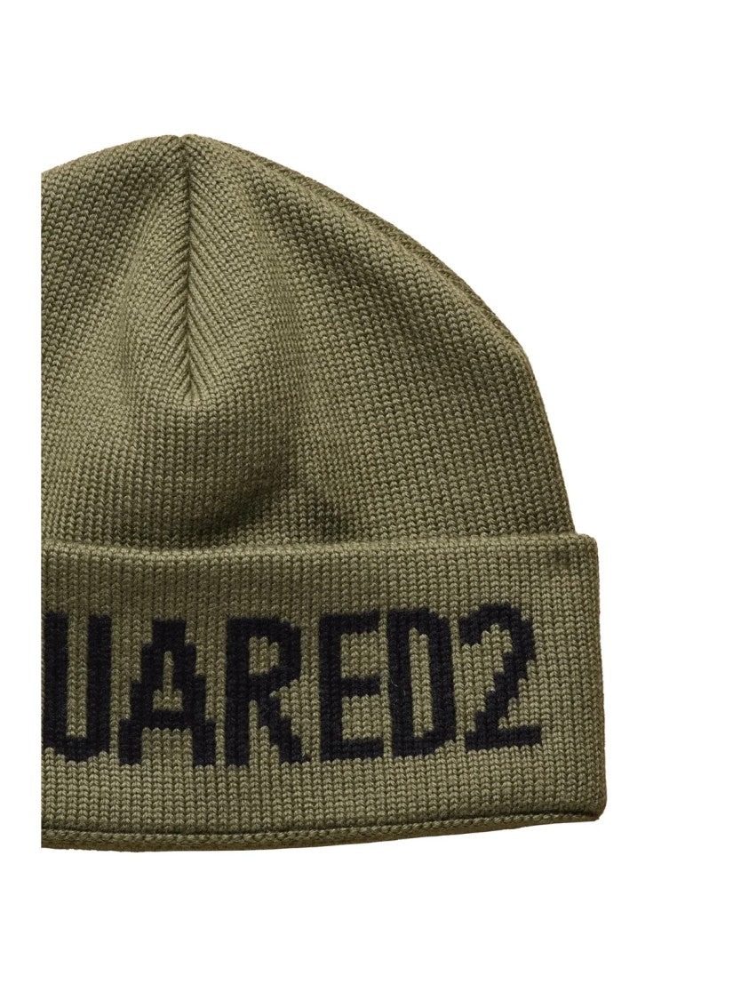 Dsquared2 Knitted Wool Beanie Hat With Folded Cuff And Bold Lettering