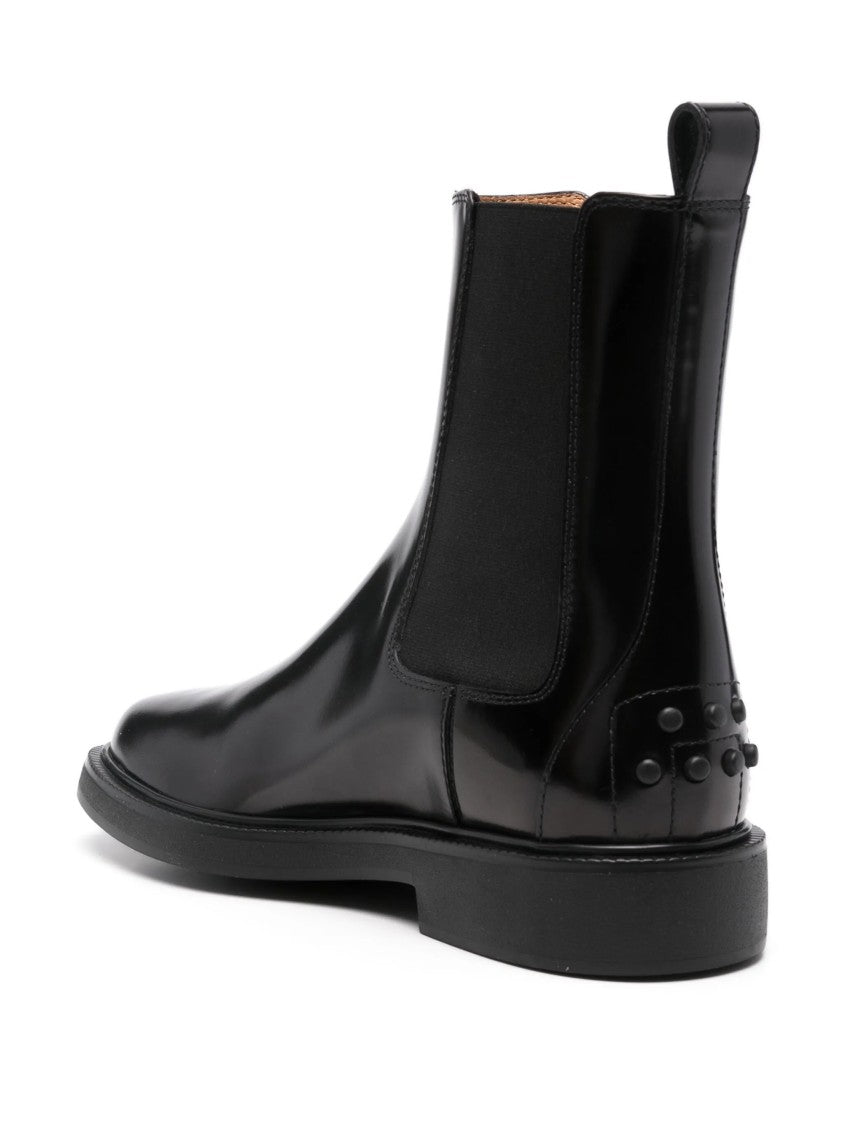 Tod's Polished Black Leather Ankle Boot With Pebble Detailing
