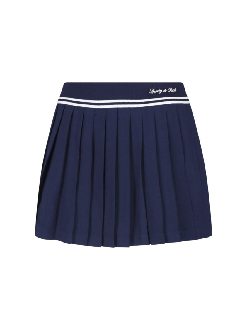 Sporty And Rich Pleated Skirt With Structured Waistband And Embroidered Details