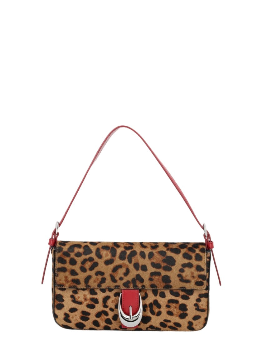 Staud Leopard Print Handbag With Structured Silhouette And Red Accents