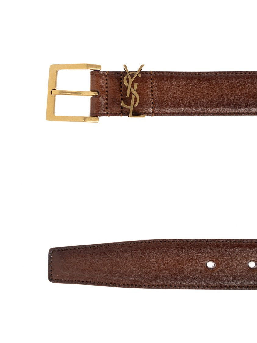 Saint Laurent Brown Ysl Logo Rectangular Buckle Leather Belt