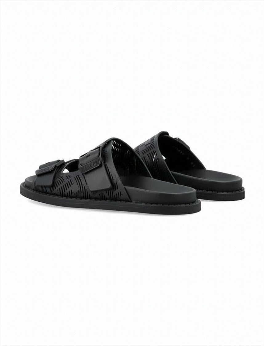 Fendi Perforated Black Leather Slide Sandals With Adjustable Straps