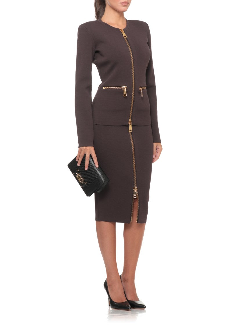 Elisabetta Franchi High-Waisted Brown Midi Skirt With Maxi Gold Zip Closure