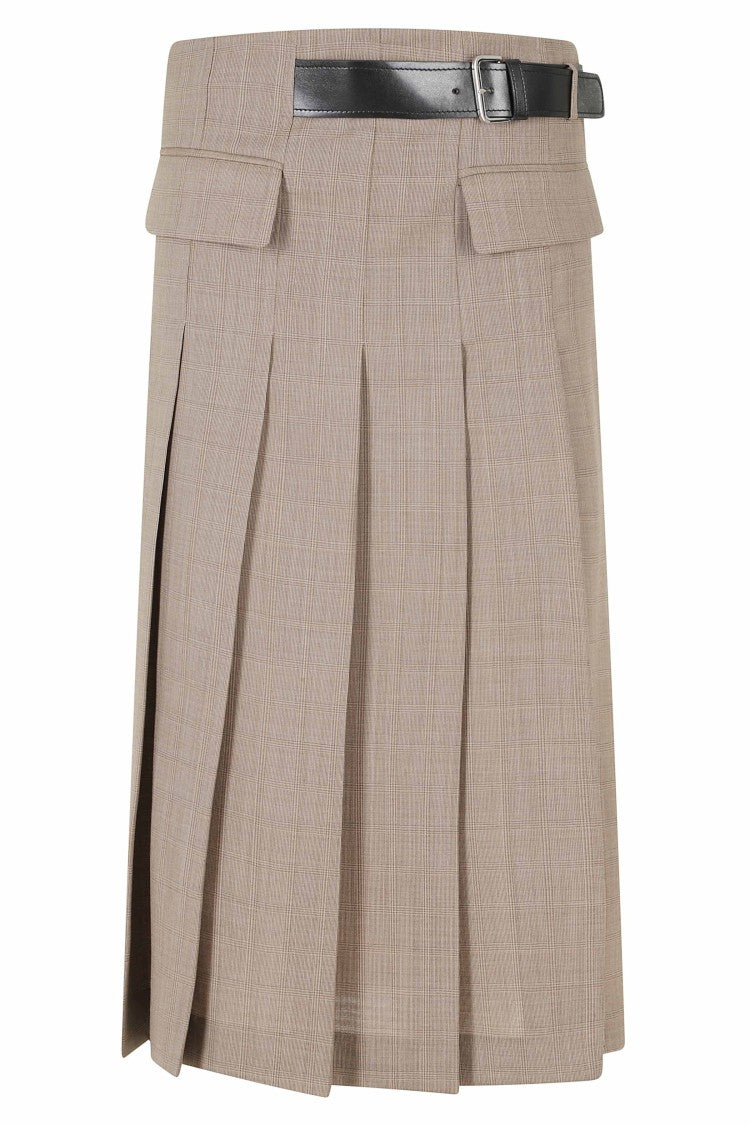 Semi Couture Cressida Belted Pleated Check Wool Midi Skirt