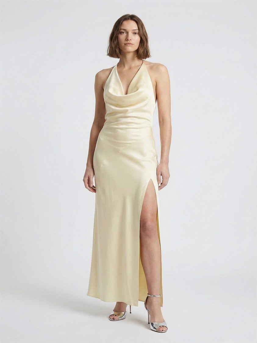 The Andamane Yellow Vera Cowl-Neck Open-Back Polyester Evening Dress