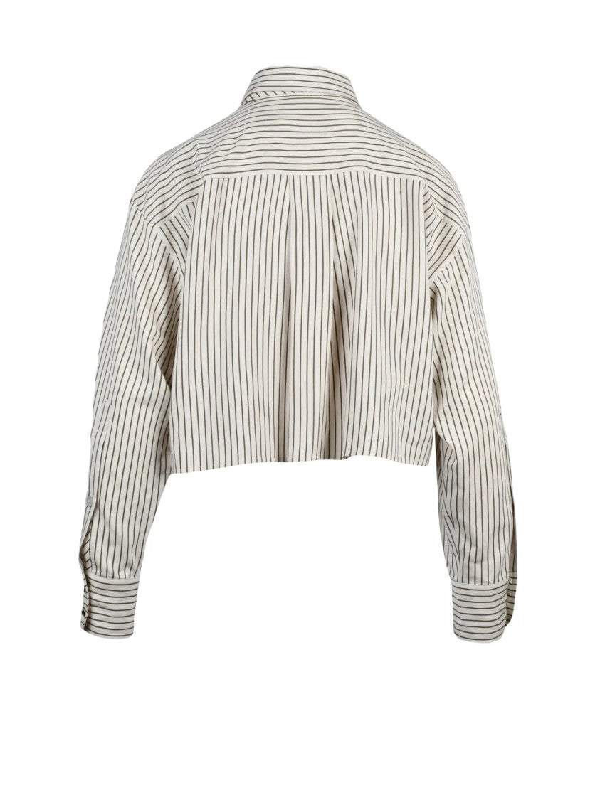 Marella Cropped Beige Shirt With Vertical Green Stripes And Attached Necktie