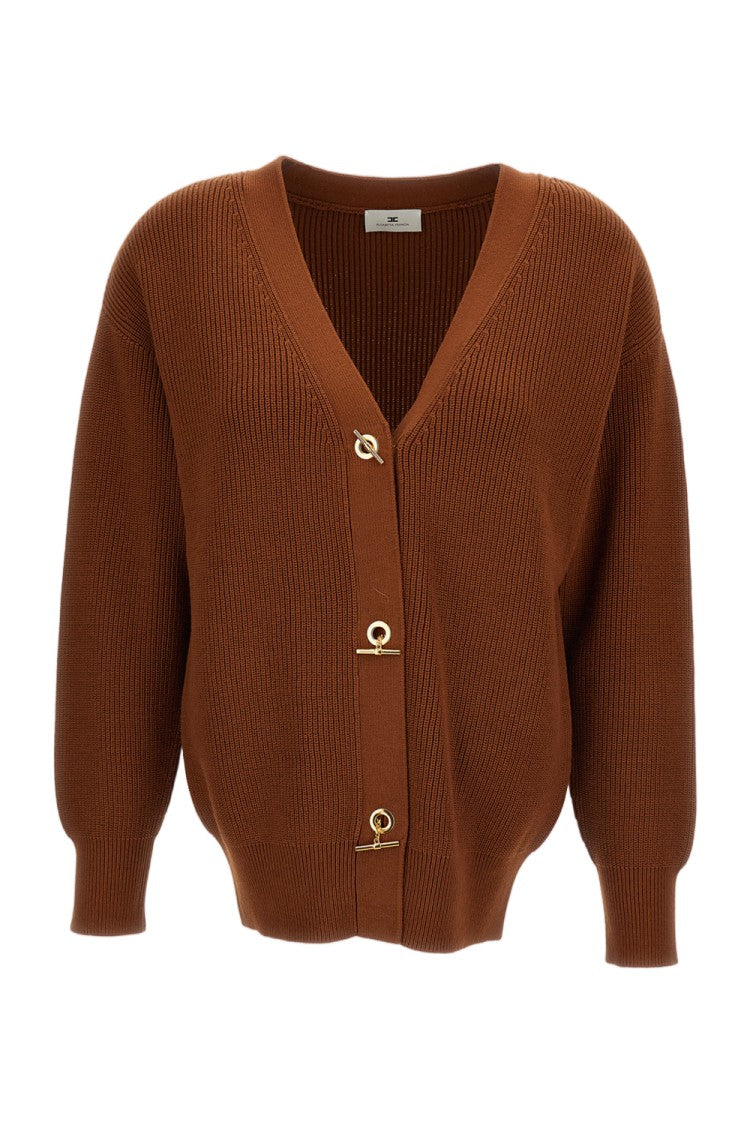 Elisabetta Franchi Brown Rib-Knit Gold Toggle Cardigan