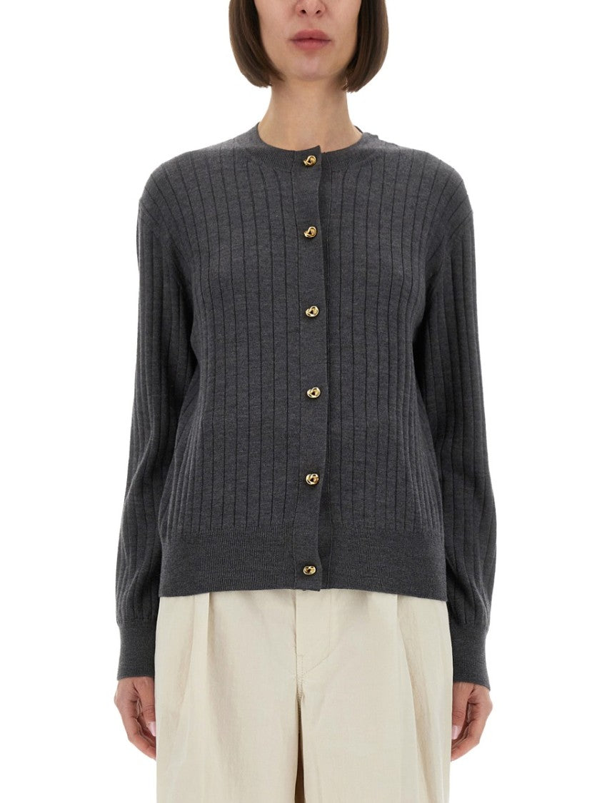 Bottega Veneta Ribbed Wool Cardigan With Gold-Tone Button Closure