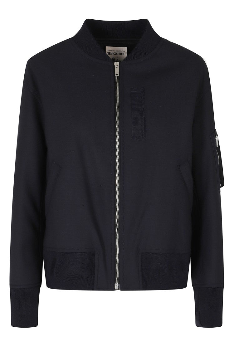 Semi Couture Blue Ariella Ribbed Knit Collar Wool-Blend Bomber Jacket