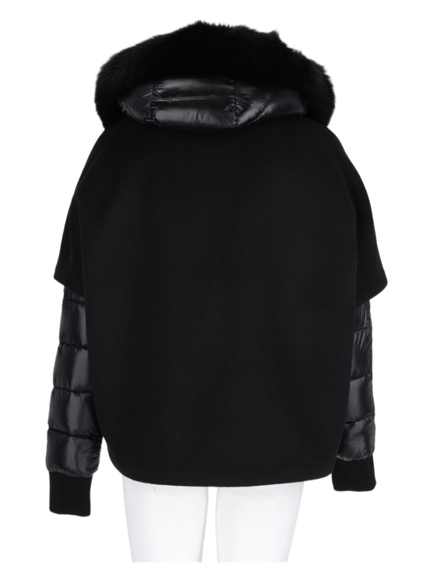 Moorer Boxy Black Coat With Quilted Sleeves And Plush Fur Trim