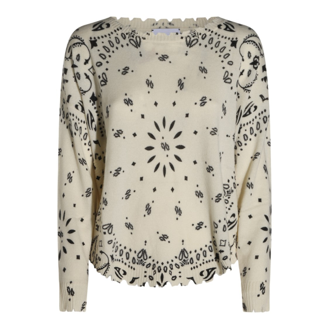 Kujiten Intricate Cream Knit Sweater With Paisley Pattern And Scalloped Hem