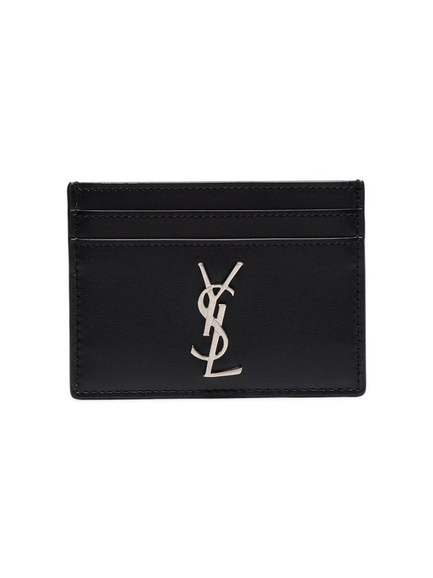 Saint Laurent Minimalist Black Calfskin Credit Cardholder With Logo Embellishment