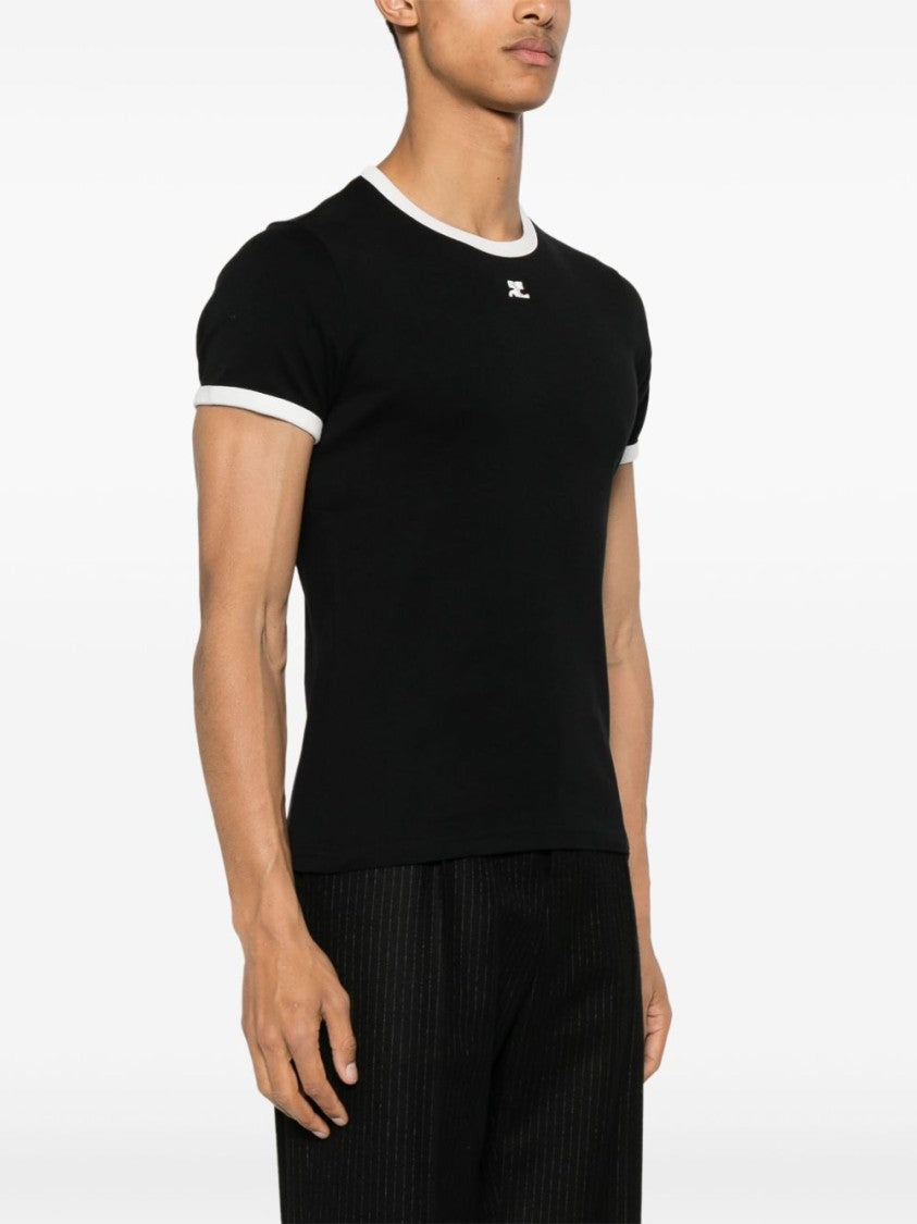 Courrèges Black Fitted Contrast White Trim T-Shirt