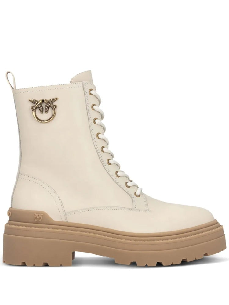 Pinko Beige Mia 11 Chunky Sole Emblem Leather Ankle Boots