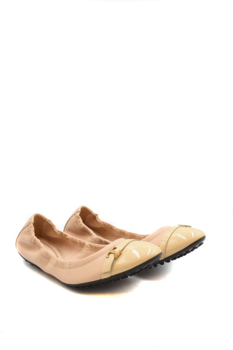 Tod's Beige Logo Buckle Patent Cap Toe Leather Ballet Flats