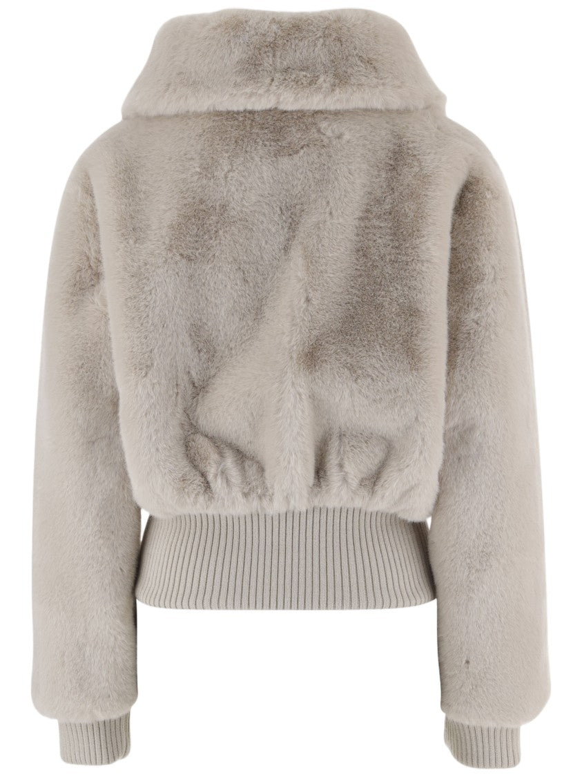 Pinko Cropped Faux Fur Coat With High Collar And Ribbed Details