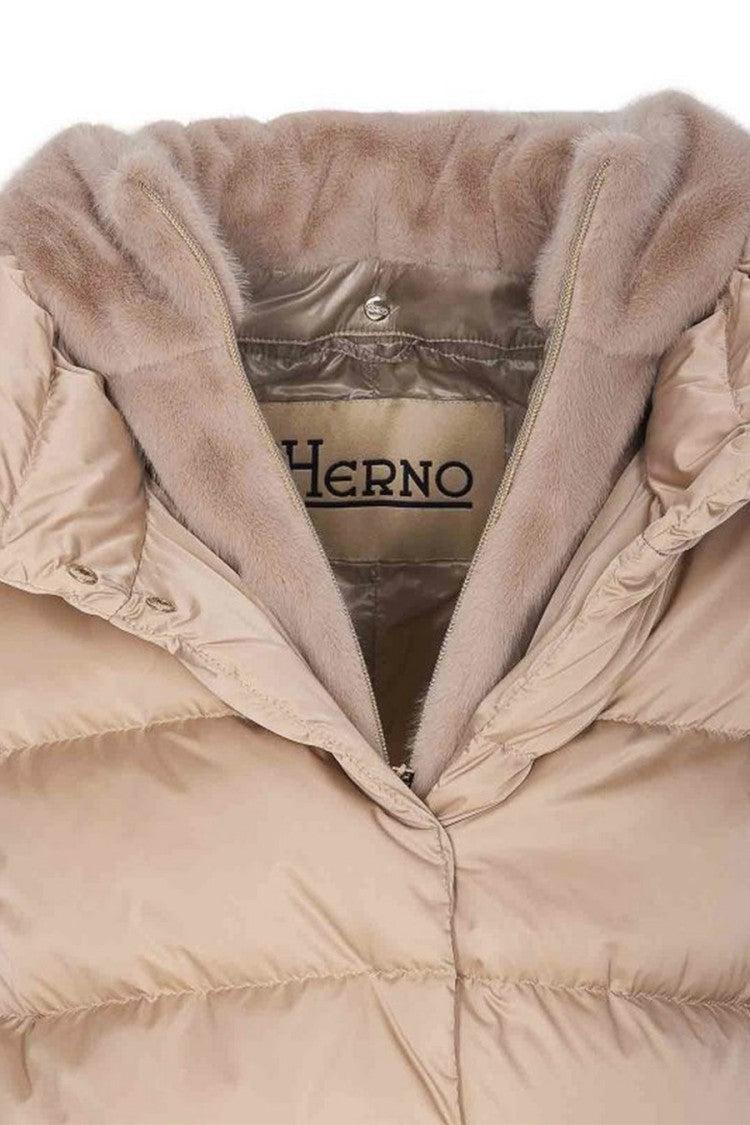 Herno Beige Polyester Fur-Trim Hooded Puffer Jacket