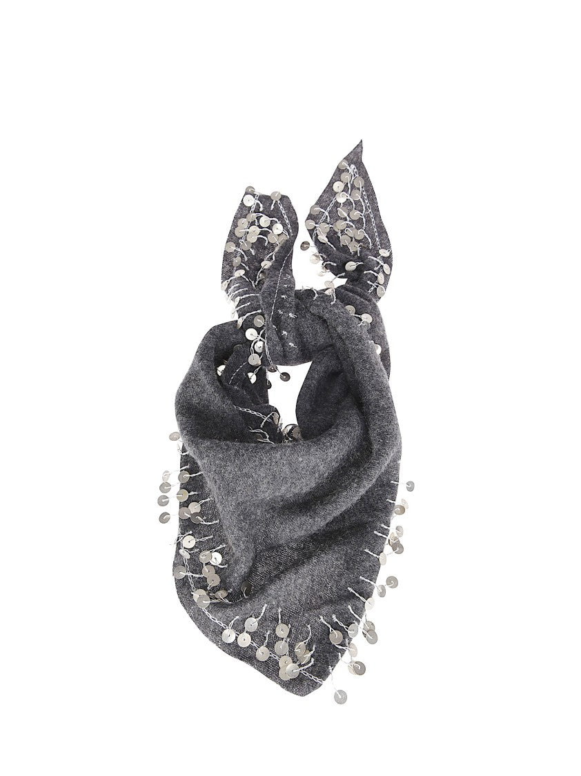 Faliero Sarti Small Triangular Cashmere Scarf With Sequin Pendants