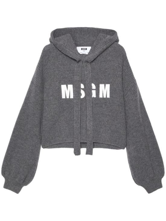 Msgm Cropped Grey Knit Sweater With Bold Logo And Hood
