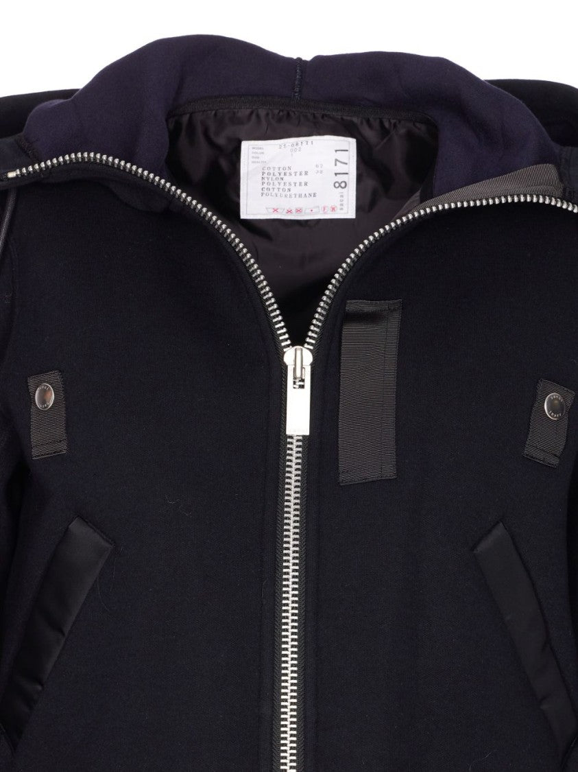 Sacai Cropped Black Hoodie With Layered Hem And Functional Accents