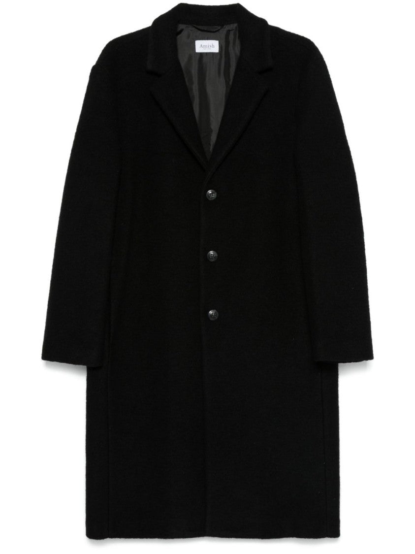 Amish Long Black Tailored Coat With Notched Lapel And Button Closure