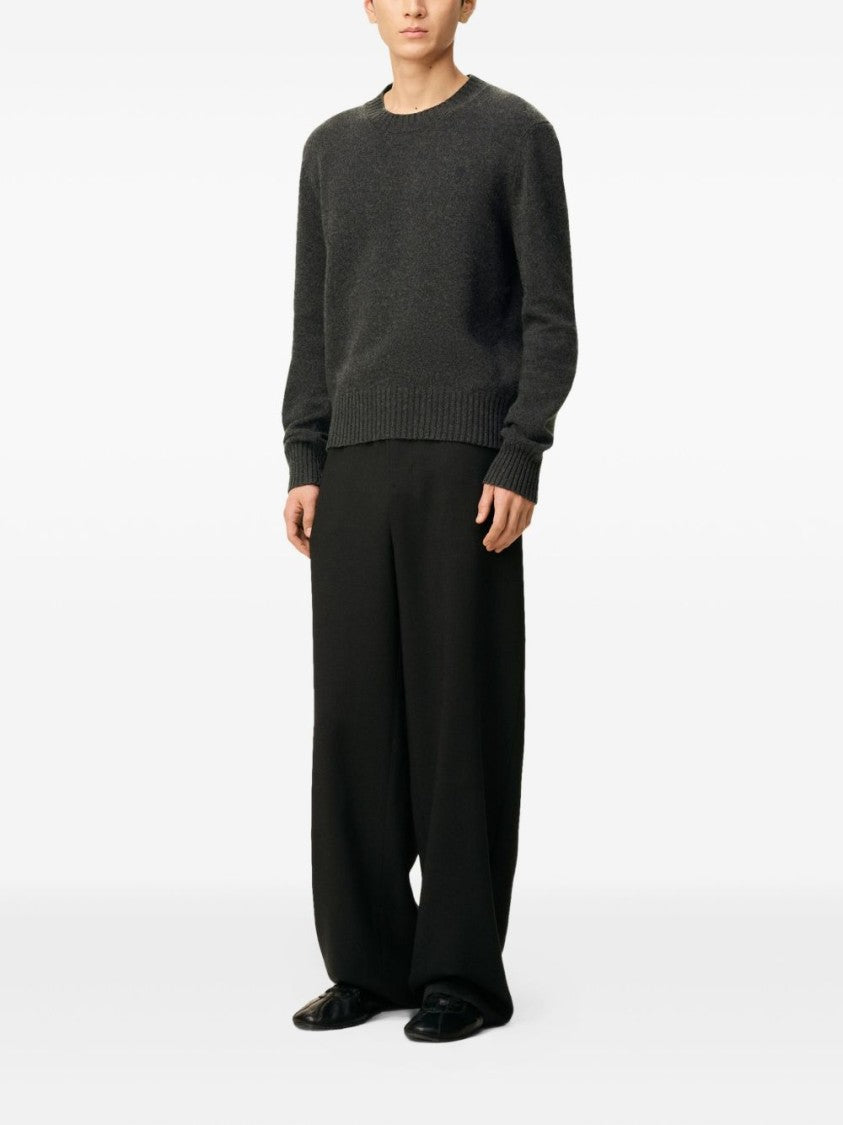 Ami Paris Charcoal Grey Crew Neck Sweater With Logo Embroidery