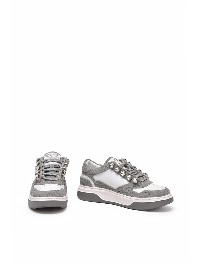 Emanuélle Vee White/Grey Suede Jewel Loop Low-Top Sneakers