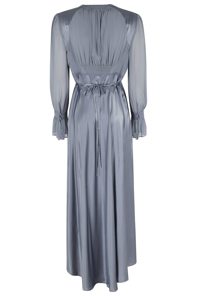 Rixo Arlena Blue Lace-Trim Flared Silk-Blend Maxi Dress